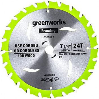 Пильный диск по дереву для циркулярной пилы Greenworks, 184x1.75/1.13x20мм; 24T